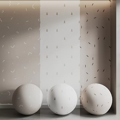 Interior With White Spheres And Walls Having Moon Tree Line Patterns 3d model