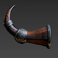 Carved Horn Shaped Wooden Ornament With Silver Metal Accents And Intricate Patterns