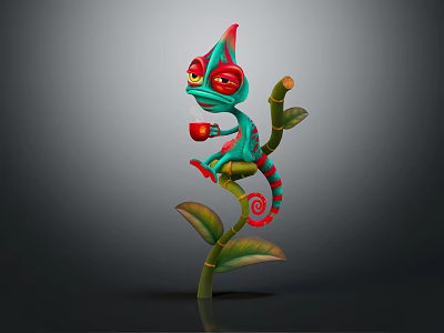 Colorful Chameleon With Vibrant Red And Green Colors Coiled Tail On Plant Stem Leaves 3d model