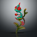Colorful Chameleon With Vibrant Red And Green Colors Coiled Tail On Plant Stem Leaves