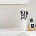 Modern Bathroom Interior With Wall Mounted Vanity Mirror White Shelves And Green Plant