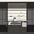 Glass Sliding Doors With Black Frame In Modern Office Interior With Desk Bookshelves And Chair