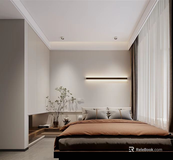 Minimalist Modern Bedroom Interior With Neutral Tones Bed Striped Pillows And Curtains 3d model 