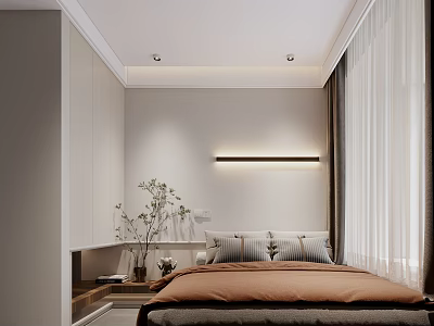 Minimalist Modern Bedroom Interior With Neutral Tones Bed Striped Pillows And Curtains 3d model
