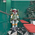 Stylish Green Cafe Interior With Black White Checkered Floor Blue Chairs Red Arch And Green Plants