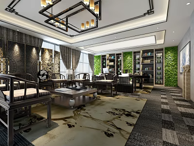 Chinese Style Office Interior With Traditional Furniture Green Plant Wall Bookshelves And Chandeliers 3d model