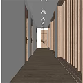 Minimalist Hotel Corridor Interior With Natural Sunlight Wooden Doors And Long Hallway