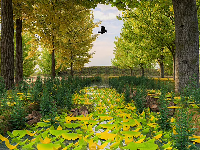 Picturesque Autumn Ginkgo Tree Lined Scenery With Fallen Yellow Leaves Clear Stream And Flying Bird 3d model