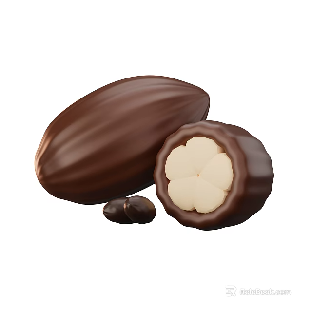 Fresh Ripe Cocoa Fruit Whole and Halved With White Seeds Inside 3d model 