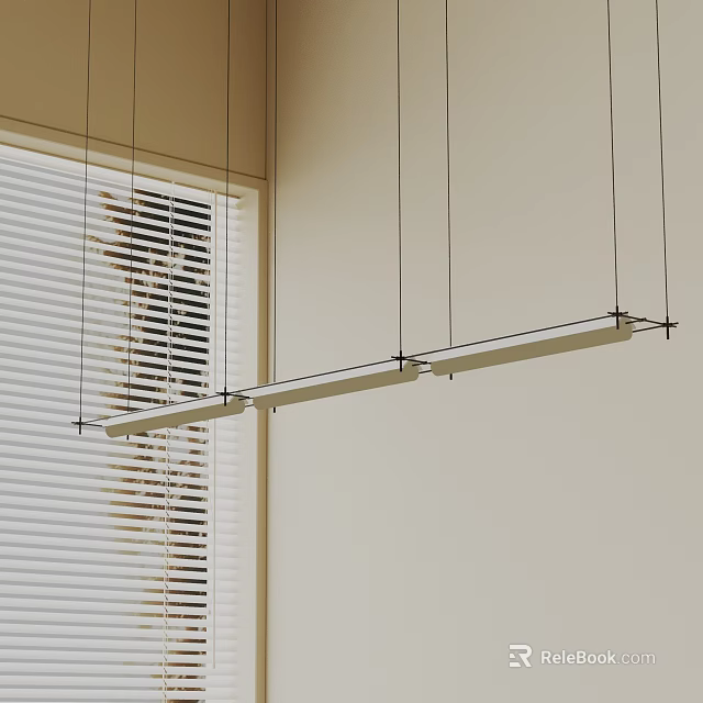 Sleek Modern Linear Pendant Light Hanging From Ceiling Over Light Colored Wall With Window Blinds 3d model