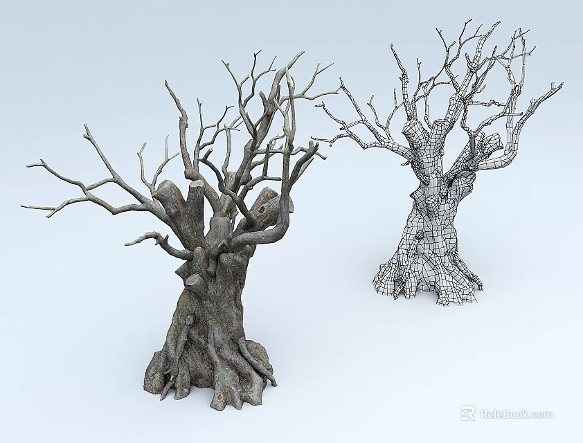 Two Leafless Arbors With Detailed Trunks Branches And Visible Roots 3d model 