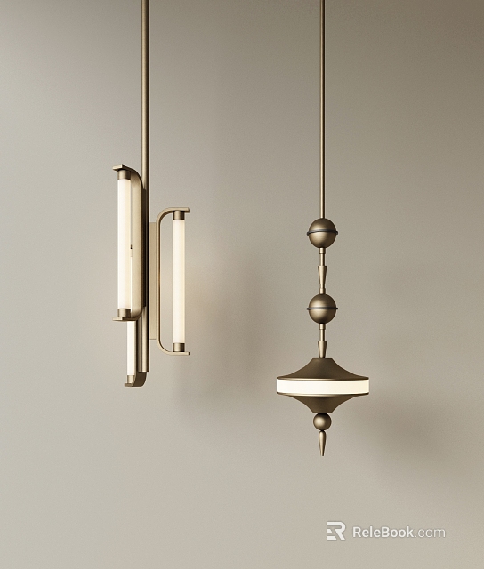 Two Modern Pendant Chandeliers With Elongated Metal Frame And Multiple Spherical Accents 3d model 