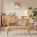 Cozy Home Dining Room Wooden Table Chairs Set With Bench Vase Flowers And Window Blinds