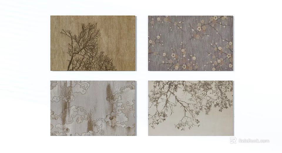 Stylish Square Rugs With Various Patterns Including Tree Branches Floral Designs And Cloud Motifs 3d model