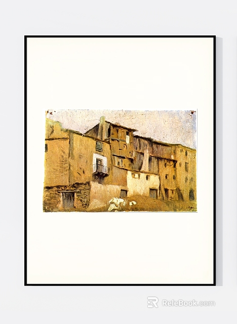 Traditional Countryside Landscape Painting With Old Yellow Building Sheep And Multiple Windows 3d model 