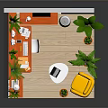 Cartoon Scene of Cozy Workspace with Orange Bookshelves Desk Computer Yellow Chair and Green Plants