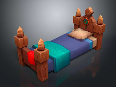 Wooden Bed with Carved Posts Pointed Tops Green Ornament Blue Bedspread Turquoise Blanket 3d model