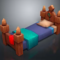 Wooden Bed with Carved Posts Pointed Tops Green Ornament Blue Bedspread Turquoise Blanket