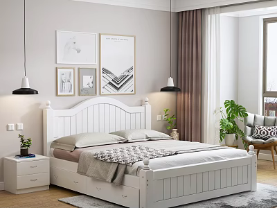 White Double Bed with Headboard Storage Drawers Comforter Wall Art Hanging Lamps and Indoor Plants 3d model