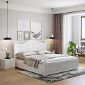 White Double Bed with Headboard Storage Drawers Comforter Wall Art Hanging Lamps and Indoor Plants