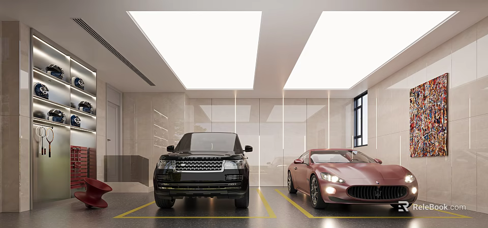 Modern Garage Interior With Two Parked Cars And Ceiling Lights 3d model 