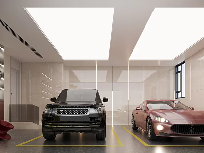 Modern Garage Interior With Two Parked Cars And Ceiling Lights 3d model