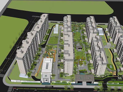 Modern High Rise Residential Complex With Central Green Spaces And Layout 3d model