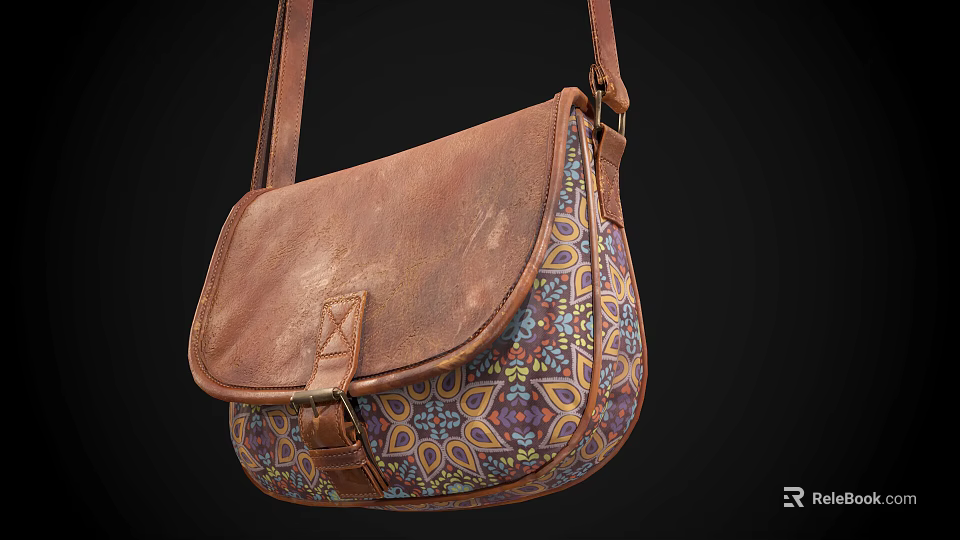Vintage Brown Leather Satchel With Colorful Intricate Pattern And Adjustable Shoulder Strap 3d model 