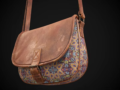 Vintage Brown Leather Satchel With Colorful Intricate Pattern And Adjustable Shoulder Strap 3d model