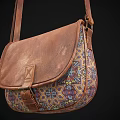 Vintage Brown Leather Satchel With Colorful Intricate Pattern And Adjustable Shoulder Strap