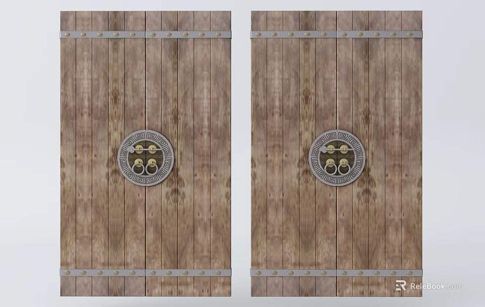 Rustic Wooden Double Doors Featuring Metal Hardware And Circular Decorative Medallion 3d model 