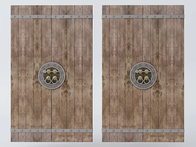 Rustic Wooden Double Doors Featuring Metal Hardware And Circular Decorative Medallion 3d model