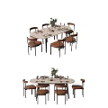 Rectangular And Round Dining Table Set With Chairs And Decorative Plants For Home 3d model