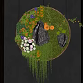 Circular Wall Decoration With Green Plants Colorful Flowers Stones And Hanging Vines