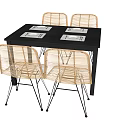 Black Square Dining Table Set With Four Rattan Chairs And Metal Legs