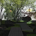 Natural Rockery Stones Landscape With Trees Hanging Lanterns Stone Slab Pathway And Rustic Cabin