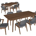 Wooden Rectangular Dining Table Set With Gray Cushioned Chairs And Wooden Legs 3d model