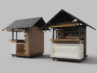 Traditional Storefront Design With Black Tile Roof Wooden Structure And Display Shelves Open Front Layout 3d model
