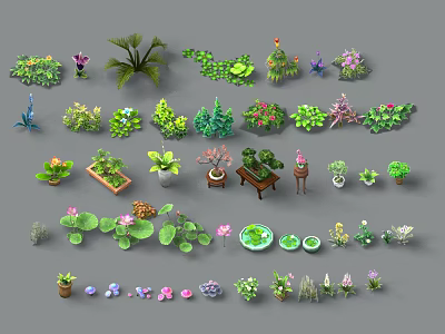 Diverse Collection of Decorative Potted Plants with Various Leaf Shapes and Flowers 3d model