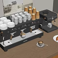 Café Counter Scene With Black Espresso Machine White Cups Saucers Small Coffee Maker And Croissant Plate On Wooden Tabletop