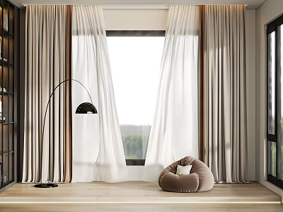 White And Beige Curtains For Window In Living Room With Floor Lamp Bean Bag Chair 3d model