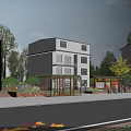 Rural Landscape Featuring Multi Story Houses Balconies Pavilion Greenery Pedestrians And Fallen Leaves