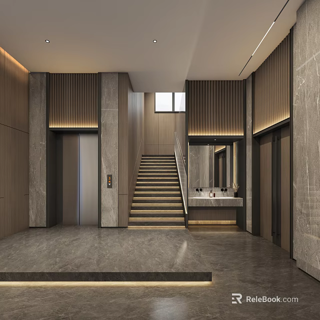 Modern Lobby Interior With Elevators Staircase Marble Walls And Wooden Panels 3d model 
