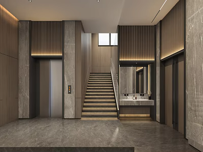 Modern Lobby Interior With Elevators Staircase Marble Walls And Wooden Panels 3d model