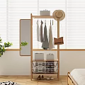 Wooden Practical Storage Shelf With Hanging Clothes Mirror Hat Bag And Storage Baskets 3d model