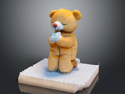 Yellow Teddy Bear Doll Praying With Folded Hands Closed Eyes On Paper Platform 3d model