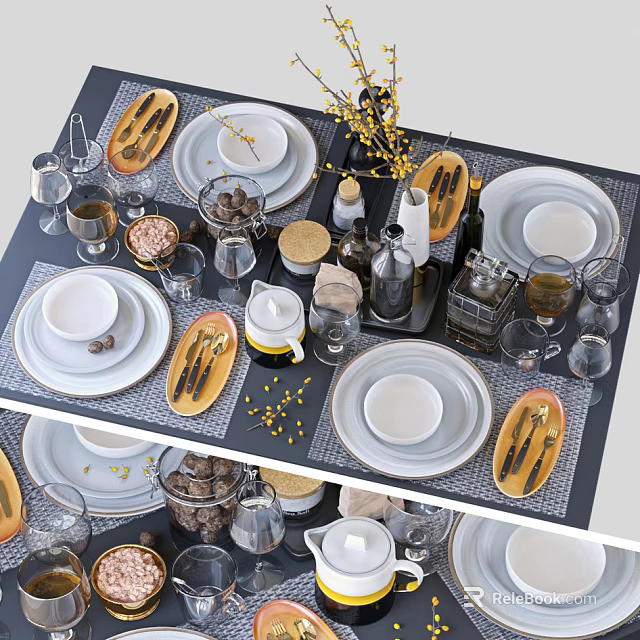 Elegant Modern Tableware Set With White Plates Gold Cutlery Glasses And Condiment Holders 3d model 