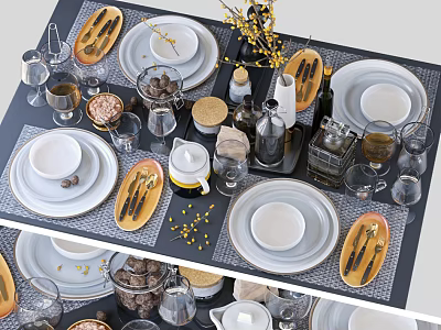 Elegant Modern Tableware Set With White Plates Gold Cutlery Glasses And Condiment Holders 3d model