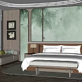 Hotel Guest Room Modern Interior with King Bed Floor to Ceiling Windows Sea View and Decorative Wall