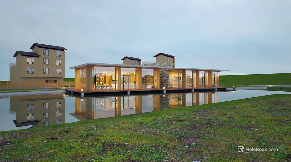 Modern Detached Villa With Waterfront Location Large Glass Windows And Scenic Reflections 3d model 